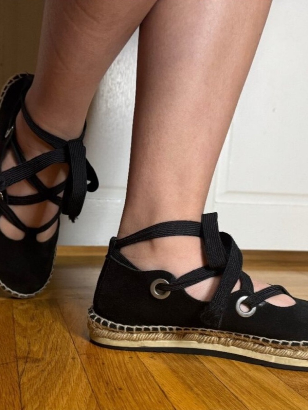 Bimba Y Lola Womens Black Suede Ankle Tie Sz 8 Ballerina Espadrille Flats Boho - Picture 5 of 6
